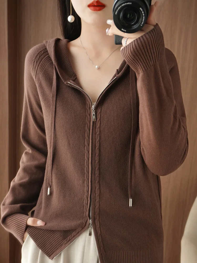 Women Hoodies Cardigan Wool Sweater Autumn Winter Casual Zipper Long Sleeves Solid Cashmere Knitwear Korean Fashion