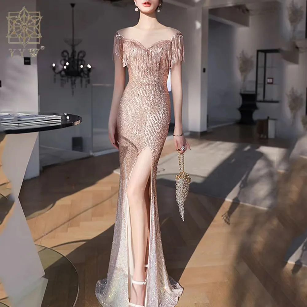 Slim Long Evening Dress Luxury Ruched Mermaid Sleeveless Sexy Sequins Evening Dress Side Slit Patchwork Party Prom Gown 2024 New