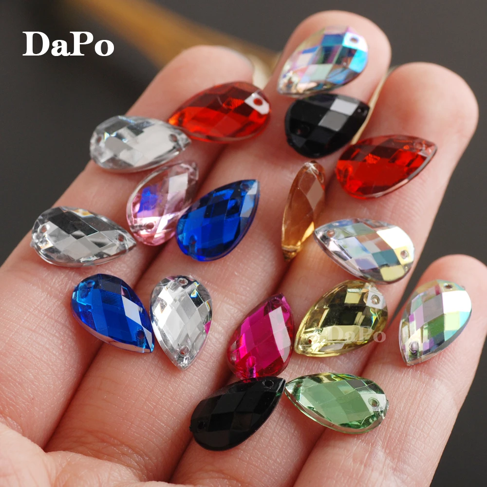 New 10*14mm100pcs 2 Holes Raindrop Acrylic Shine Crystal Colorful Rhinestones Sew on Stones for Clothing Dress DIY Decor Jewelry