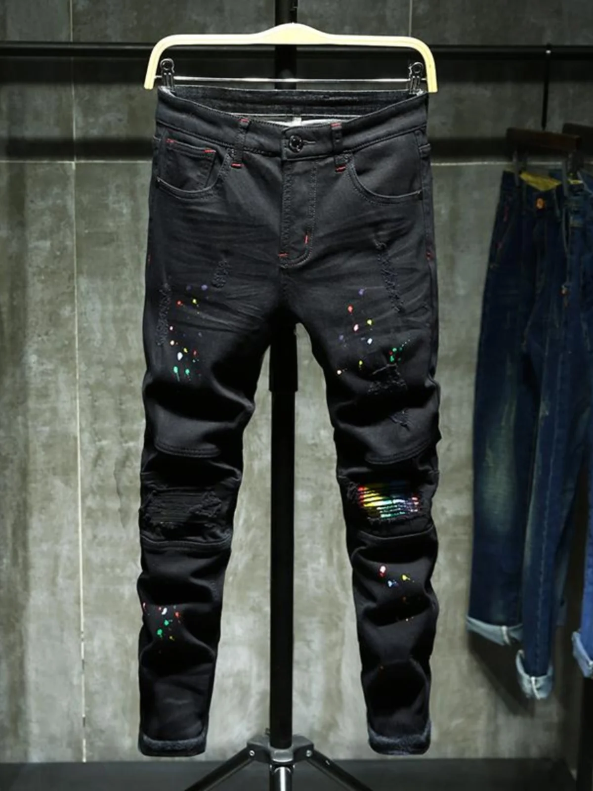 

Slim Fit Thiened Fce Men's Jeans Harajuku Sle Distred Patchwork Long Trousers Youth Casual Wear Winter Cotton Stretch