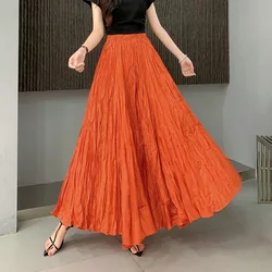 Long Maxi Pleated Skirt for Women Vintage Big Hem A-line Skirt Female Solid Color High Waist Lengthen All-match Skirts Lady