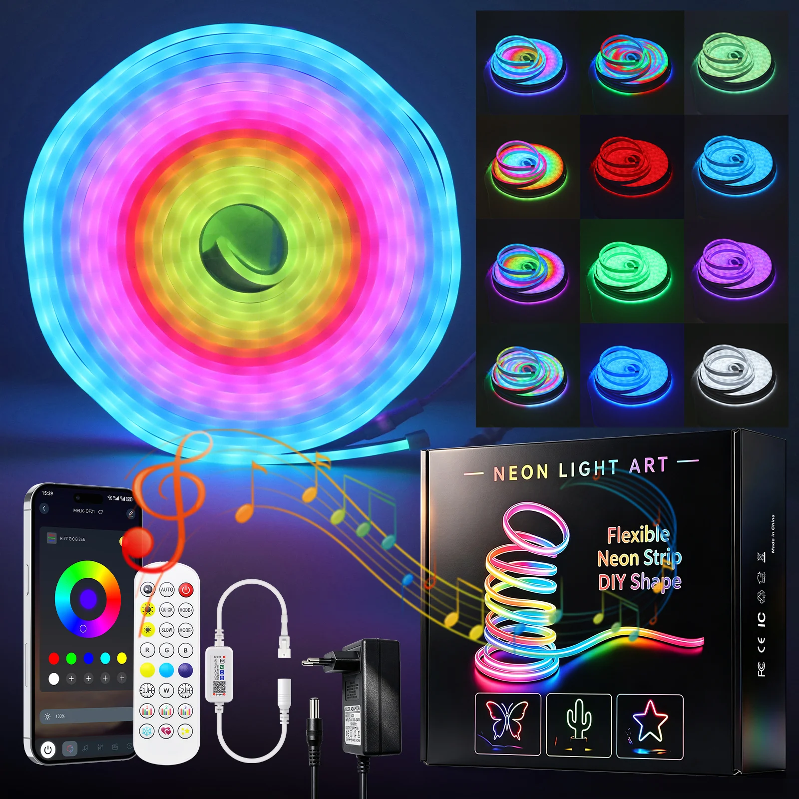 24V Smart RGB Neon LED Strip Waterproof 10M 15M 20M 30M 40M Music Sync Dimmable Neon Rope Light EU/UK Plug Kit Party Room Decor