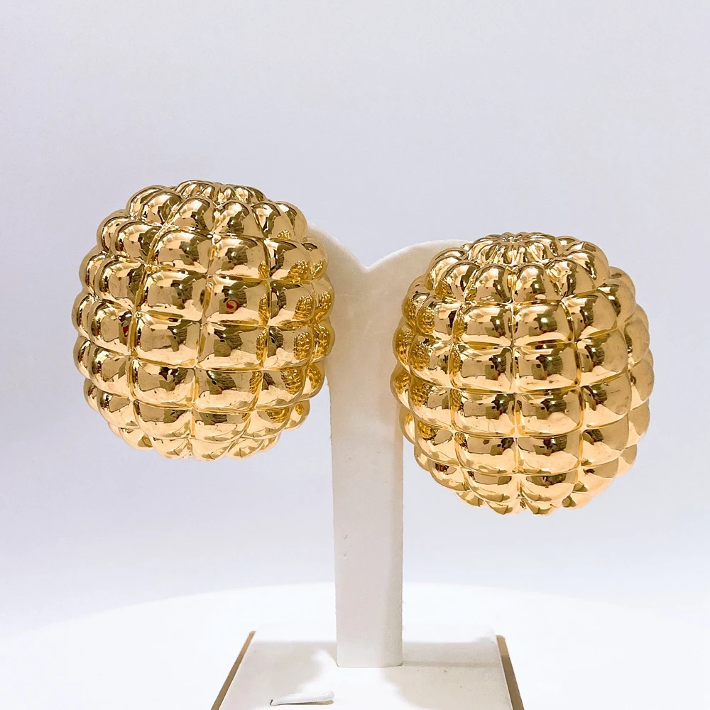 Brazilian Gold Lightweight Large Dome Earrings Quilted Grid Pattern Chunky Statement Earrings