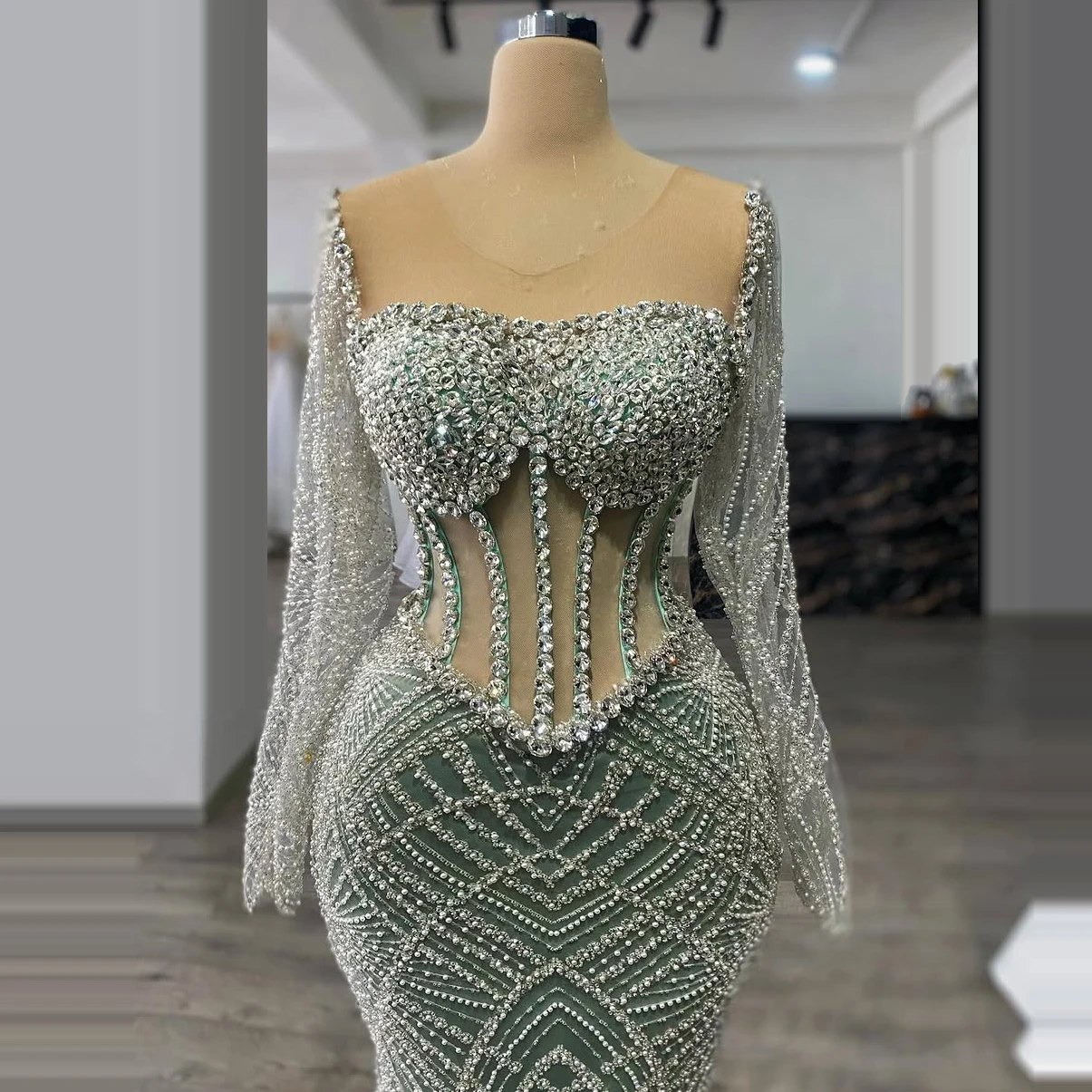 Illusion Neck Full Sleeve Mermaid Beaded Crystals Pearl Embellished Formal Evening Dresses for Women 2024 Elegant Classy