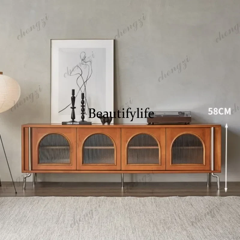03 Nordic solid wood TV cabinet small apartment light luxury retro creative storage audio-visual low cabinet