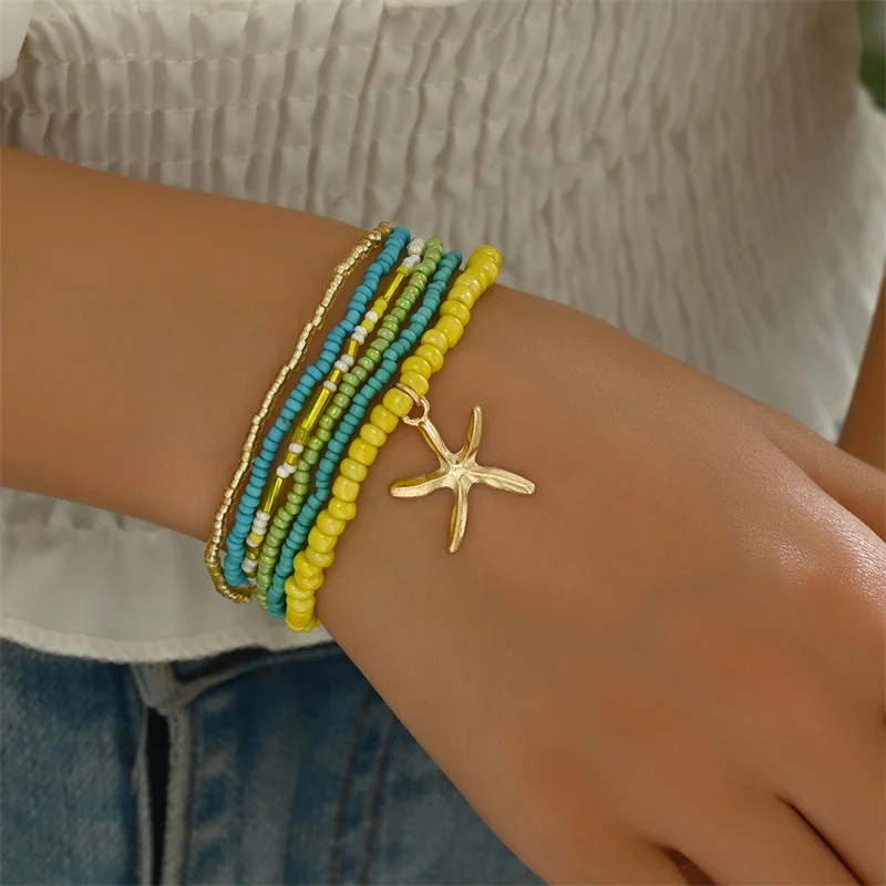 6PCS Bohemian Rice Beads Bracelet Set for Women Fashion Starfish Pendant Multilayer Bracelets Summer Party Jewelry Accessories