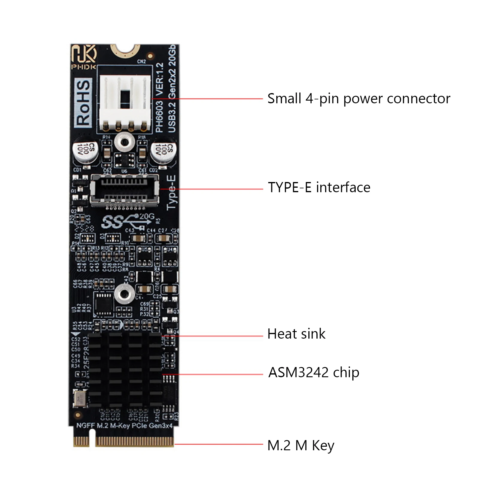 M2 NVME To TYPE-E Adapter 20Gbps High Speed M2 M Key PCIe To USB3.2 Front Panel Expansion Card ASM3242 Chipset for Desktop PC