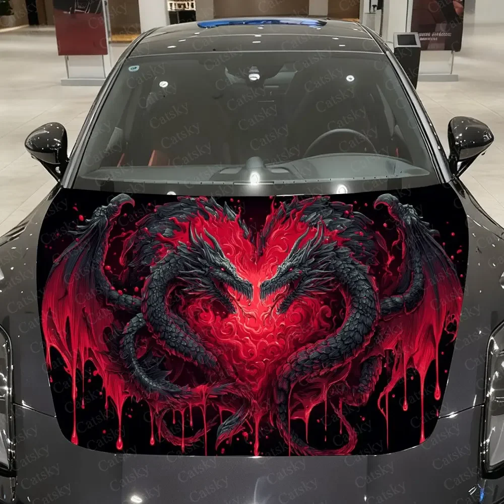 Inferno Dragon Heart Oath Car Vinyl Wrap, PVC Waterproof Car Hood Sticker, Self-Adhesive Scratch-Resistant Engine Cover Sticker