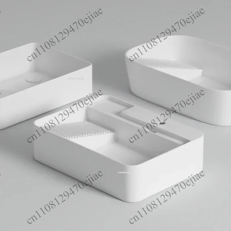 Small Ceramic Countertop Basin with Washboard, Side Drain Bathroom Washbasin, Laundry Utility Sink