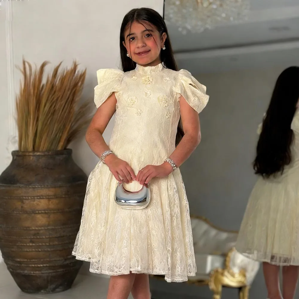 

Yellow Flower Girl Dresses Lace Dress For Girls A-line Birthday Dress High Neck Girl Princess Dress Short Cute Kids' Dresses