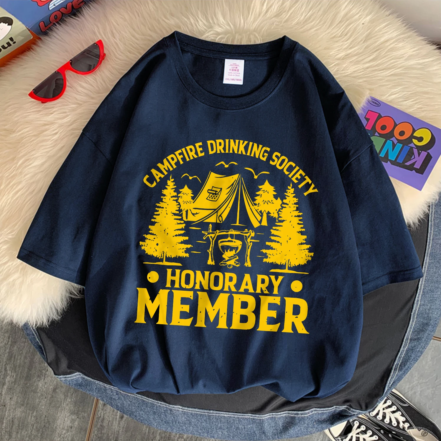 

Campfire Drinking Society Cotton Womens T-Shirts Letter Printing Tops Loose O-Neck Soft Comfortable Tees Summer Female Clothes