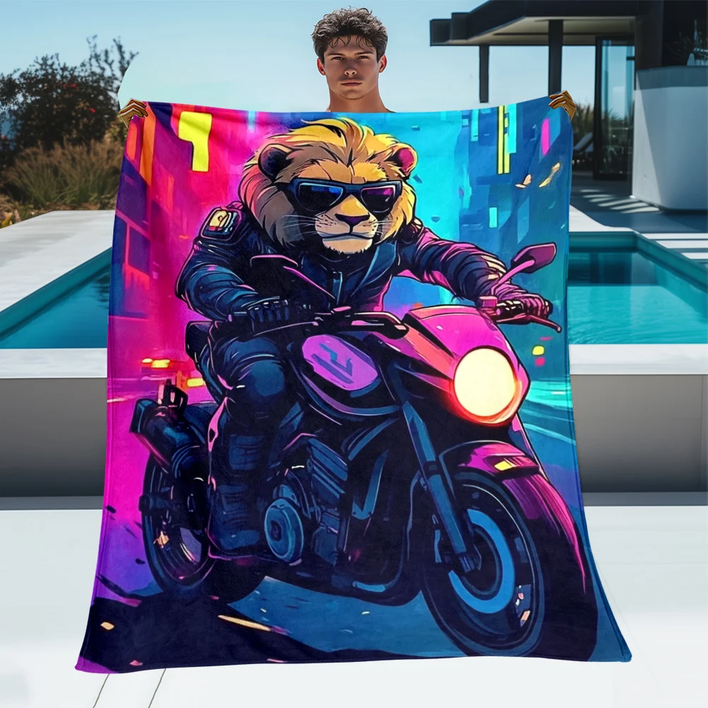 Lion riding motorcycle neon cyberpunk style blanket cool animal biker art futuristic city background punk rock gift for men