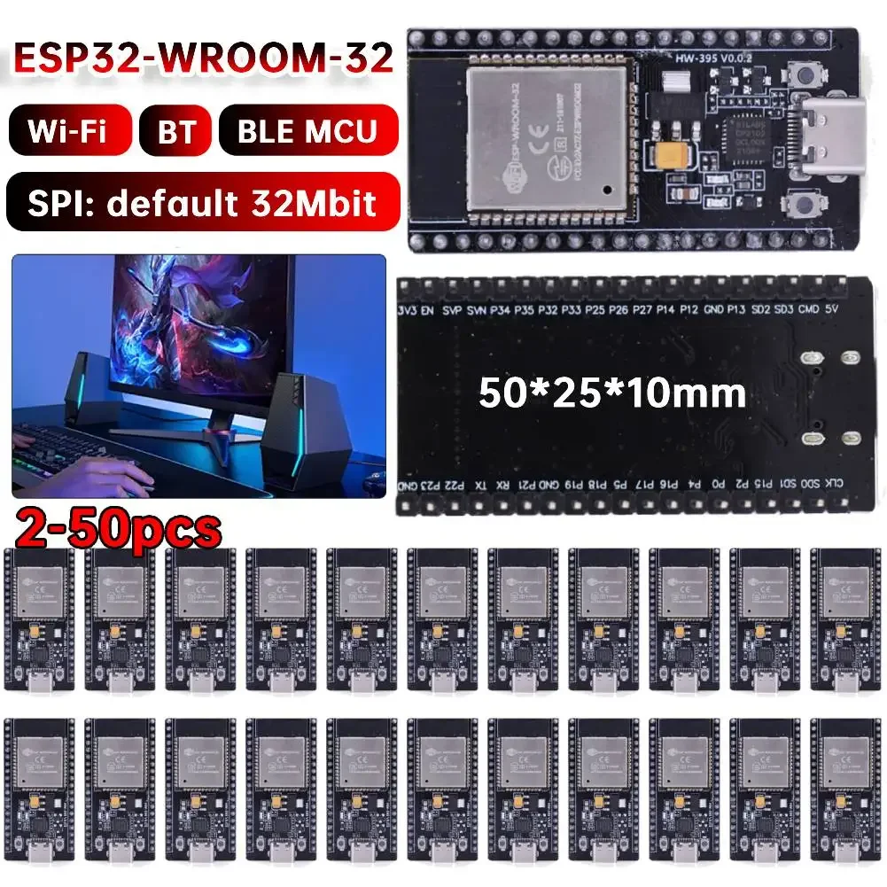 

2-50pcs ESP32 WROOM-32 Development Board TYPE-C CP2102 WiFi+Bluetooth Ultra-Low Power Consumption Dual Core Wireless Module Tool