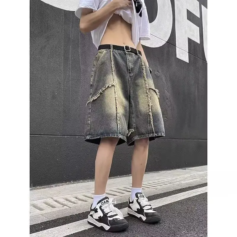 الأدبية الجديدة المتناثرة جوكر الاتجاه غير العلامة التجارية اليابانية الدنيم السراويل الذكور 2025 صيف جديد الأمريكية الرجعية.