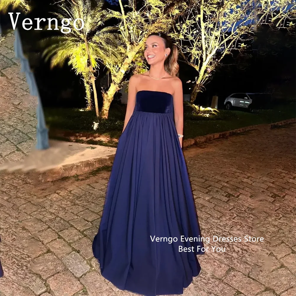 

Verngo Navy Blue Prom Dress Simple Buffle Evening Dress For Women Strapless A Line Party Dress Custom Size Formal Occasion Dress