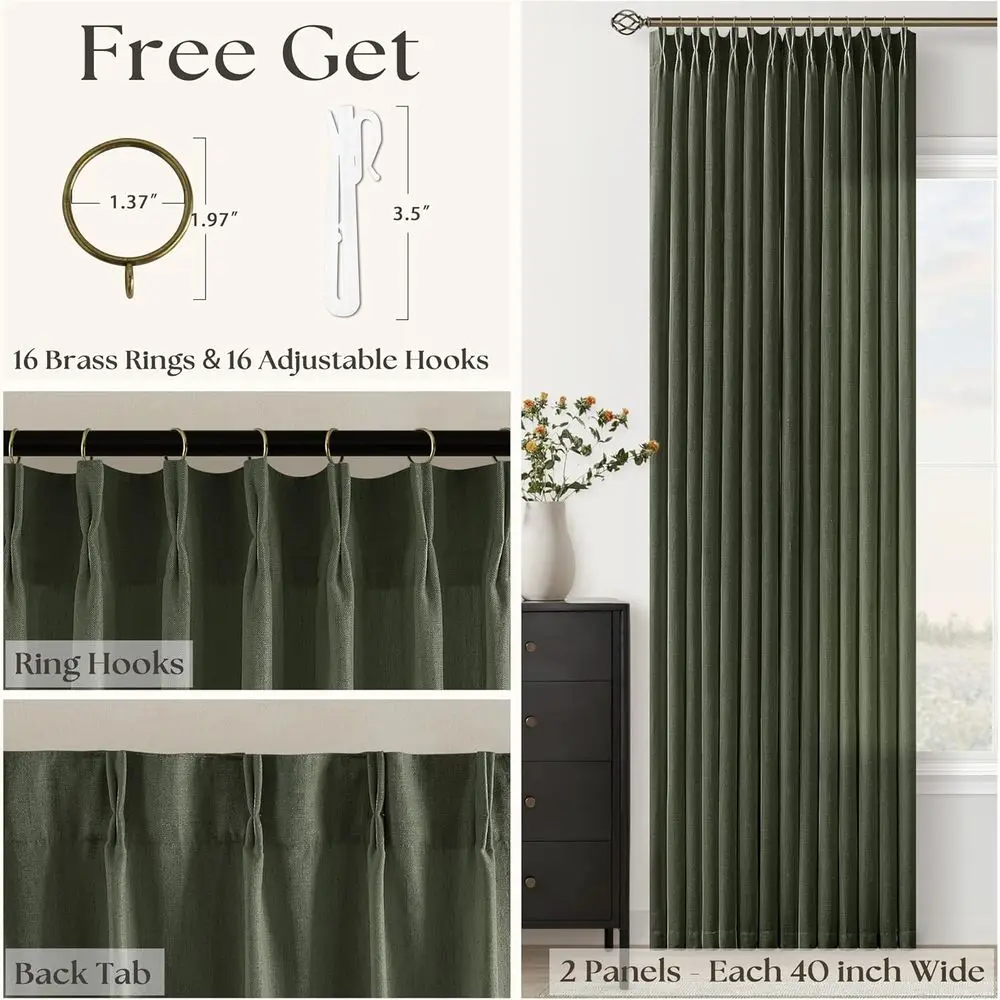 84 Tende plissettate in lino verde cacciatore con ganci, semitrasparente per soggiorno e sala da pranzo