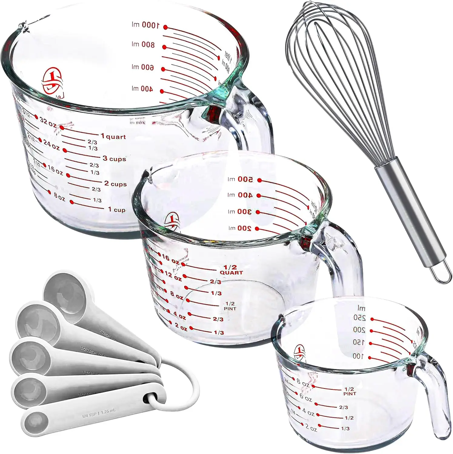 

Set of 3 Glass Measuring Cups with Measuring Spoons & Whisk - Kitchen Mixing Bowl Liquid Measure Cup, Glass Bakeware. 1