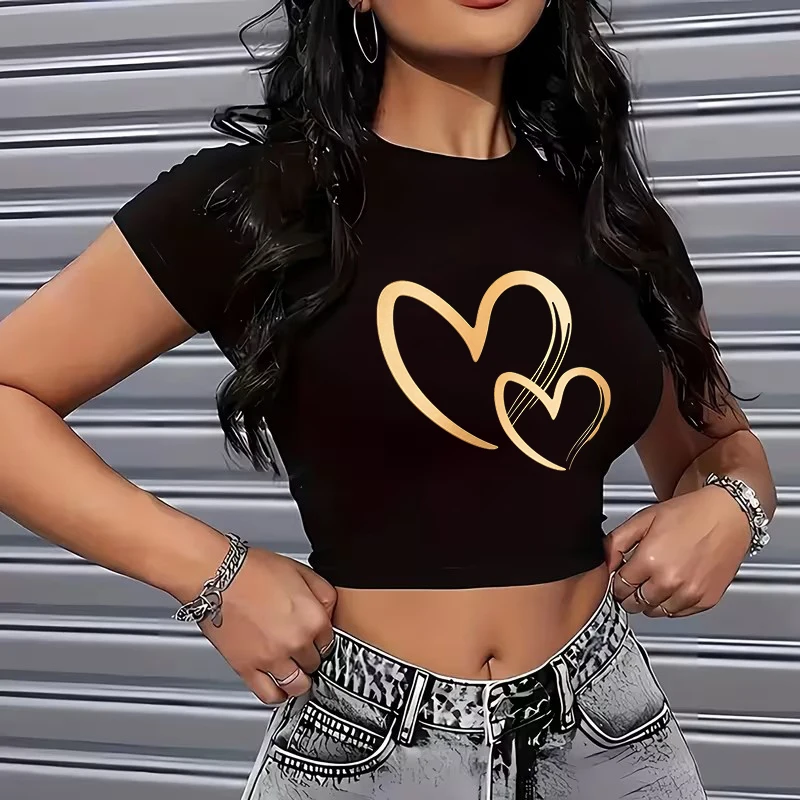 90s Sexy Cropped T Shirt Golden Heart Print Women's Y2k Crop Tops Graphic Tshirt Fashion Crew Neck Short Sleeve T-Shirt Clothes