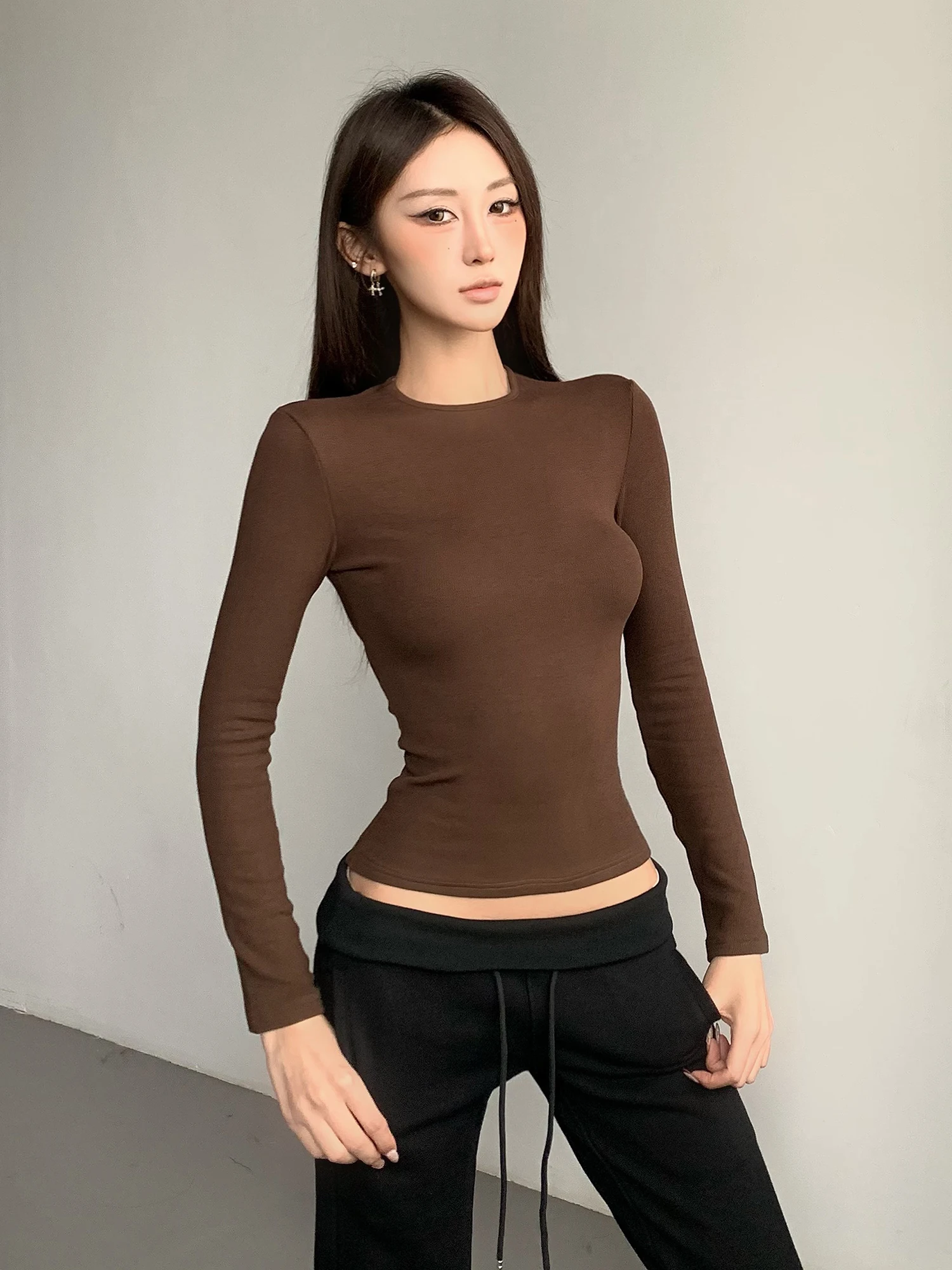 Kardaian Skim Color Long Sve redondo Ne Slim Fit mujer Base irt Sexy acanalado cuerpo abeja resaltando camiseta