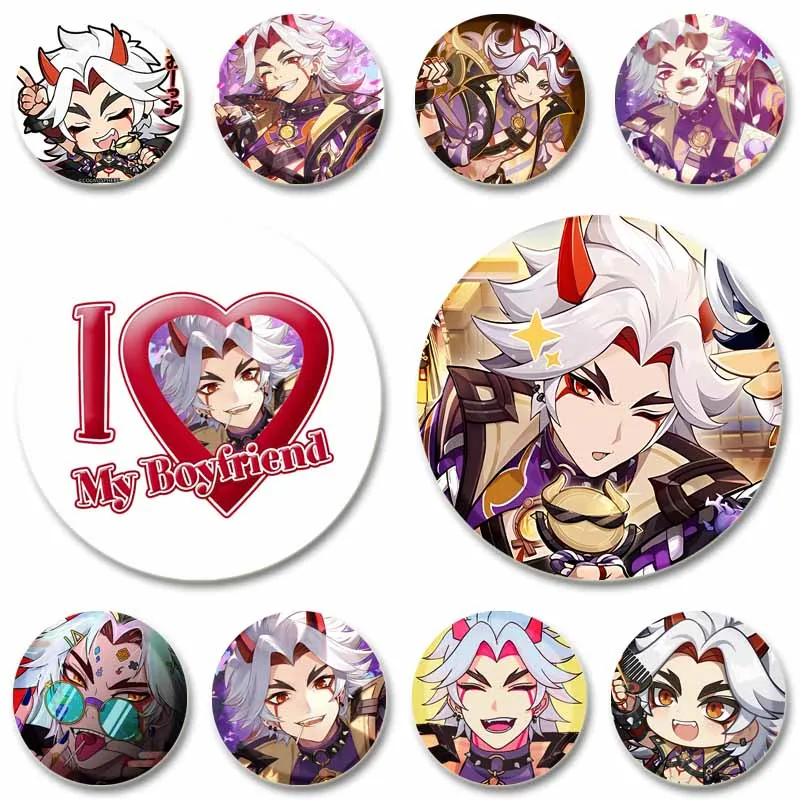 Game Peripheral Genshin Impact Badges Funny Cartoon Arataki Itto Round Brooch Y2K Lapel Pin Bag Accessories Jewelry Friend Gifts