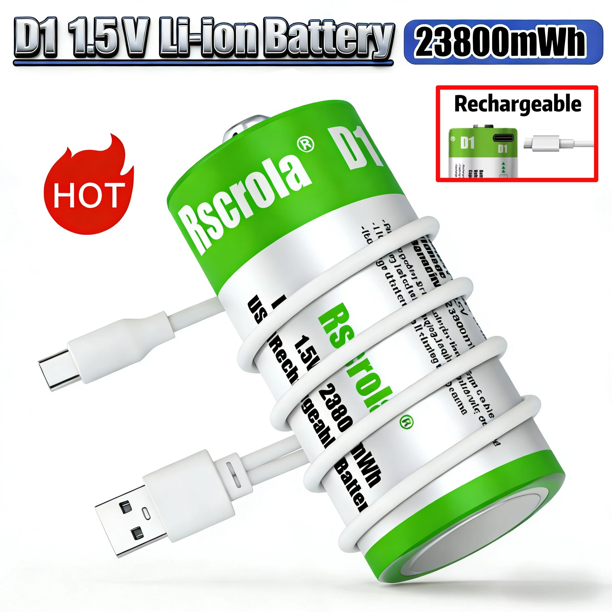 

1.5V 23800mWh USB Rechargeable D1 Battery LR20 D Cell Lithium Battery for Gas Cooker Water Heater Flashlight Radios