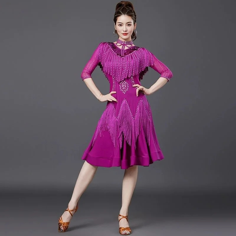 

Women Latin Dancewear Girls Salsa Samba Sling Dress Stretchy Outfit Half Sleeves Fringes Competition Costume Set with Necklace