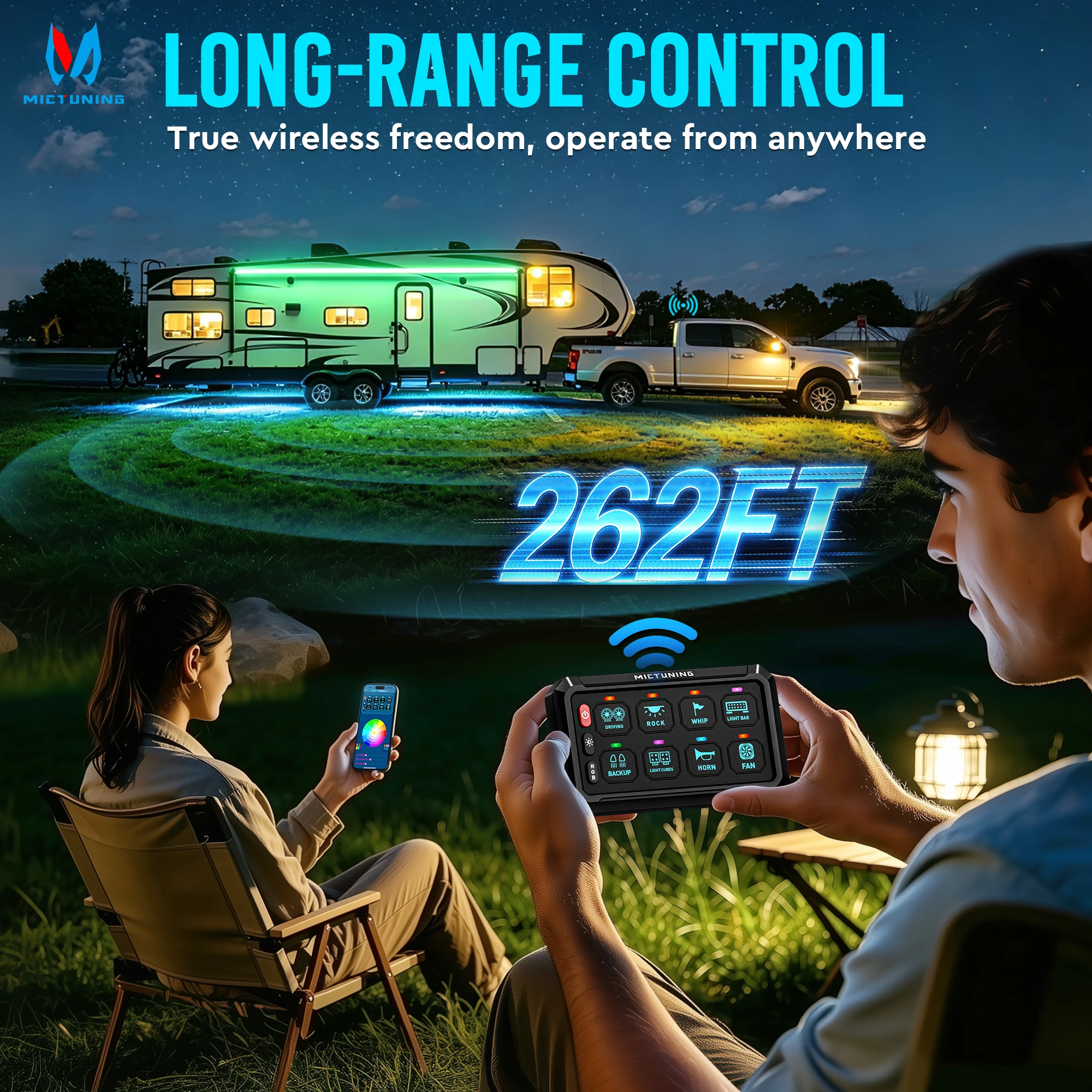 MICTUNING P1s-AC 8/12 Gang RGB Switch Panel, 262FT Long Range & APP Control, 4 Control Modes Rechargeable Relay System for Truck