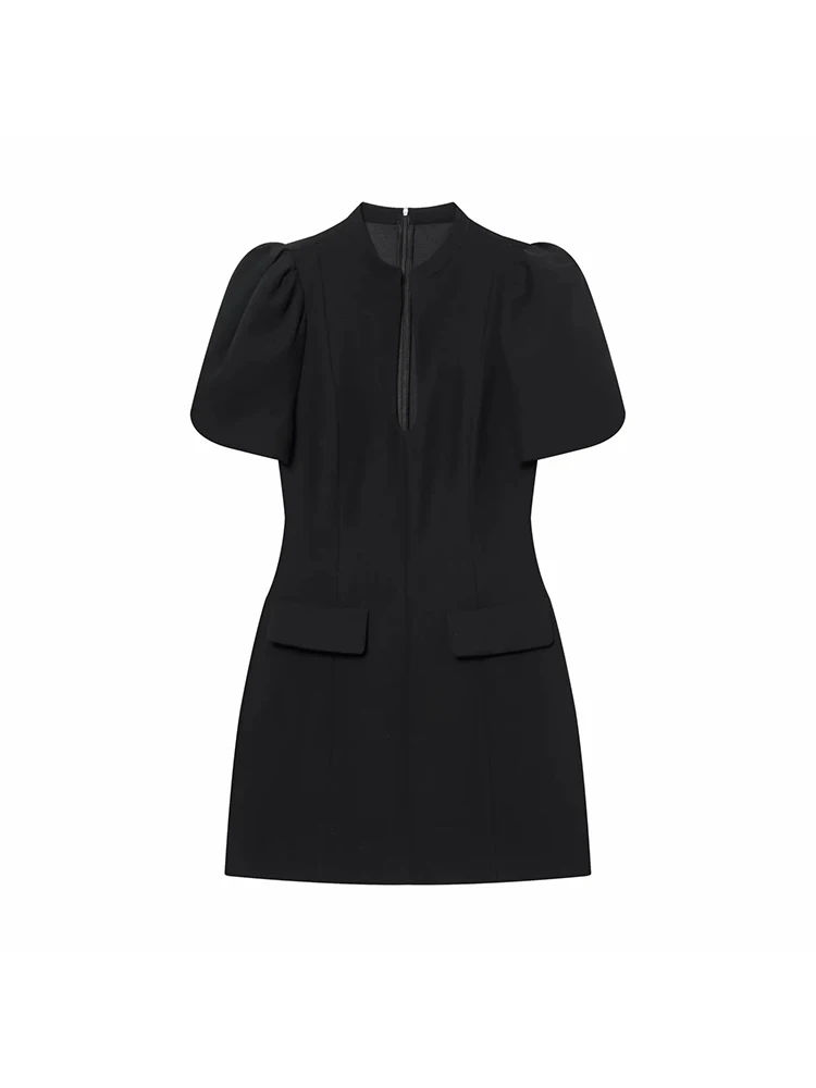 Elegantes Damenkleid für Feiertage und Partys Modisches O-Ausschnitt Puffärmel Kurzkleid mit Rückenreißverschluss Sexy Schwarzes Minikleid