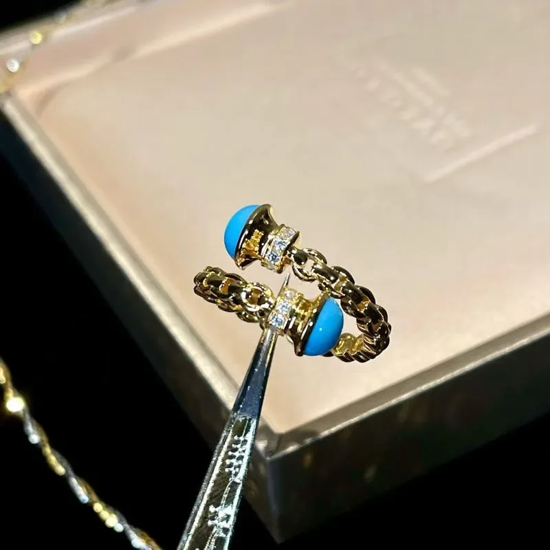 Old Money Style Gold Synthetic Turquoise Diamond Rings Niche Pearl Stack Band For Women Luxury Vintage 1920s Gatsby Fine Jewelry