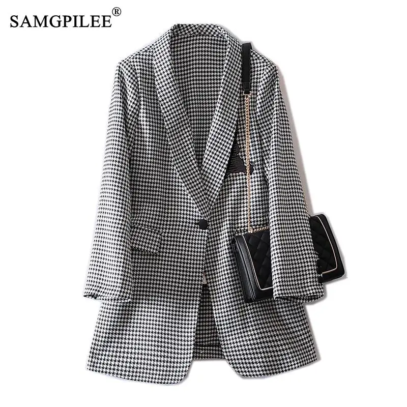 

Women's Coat Spring 2022 Female Blazer European Houndstooth Small Suit 2022 Spring Fashion Medium Long One Button Women's Jacket