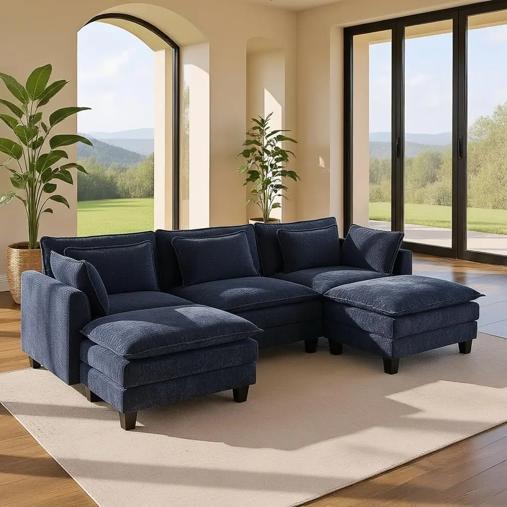 

Amada U-Shaped Comfy Cloud Modular Sectional Sofa 5-Seater Chenille Deep Seat Customized Living Room Couches