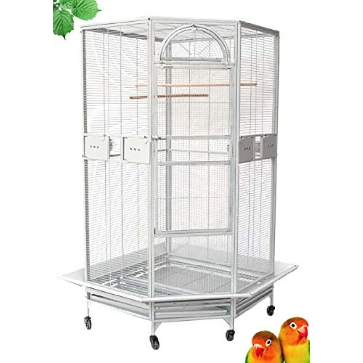 

X-Large Corner Parrot Bird Flight Breeding Wrought Iron Rolling Home Cage Solid Plated Feeder Doors with Around Metal Seed Guard