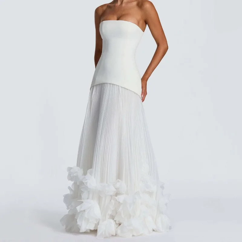 Strapless tube top waist dress pleated mesh three-dimensional flower trailing dress dinner dress