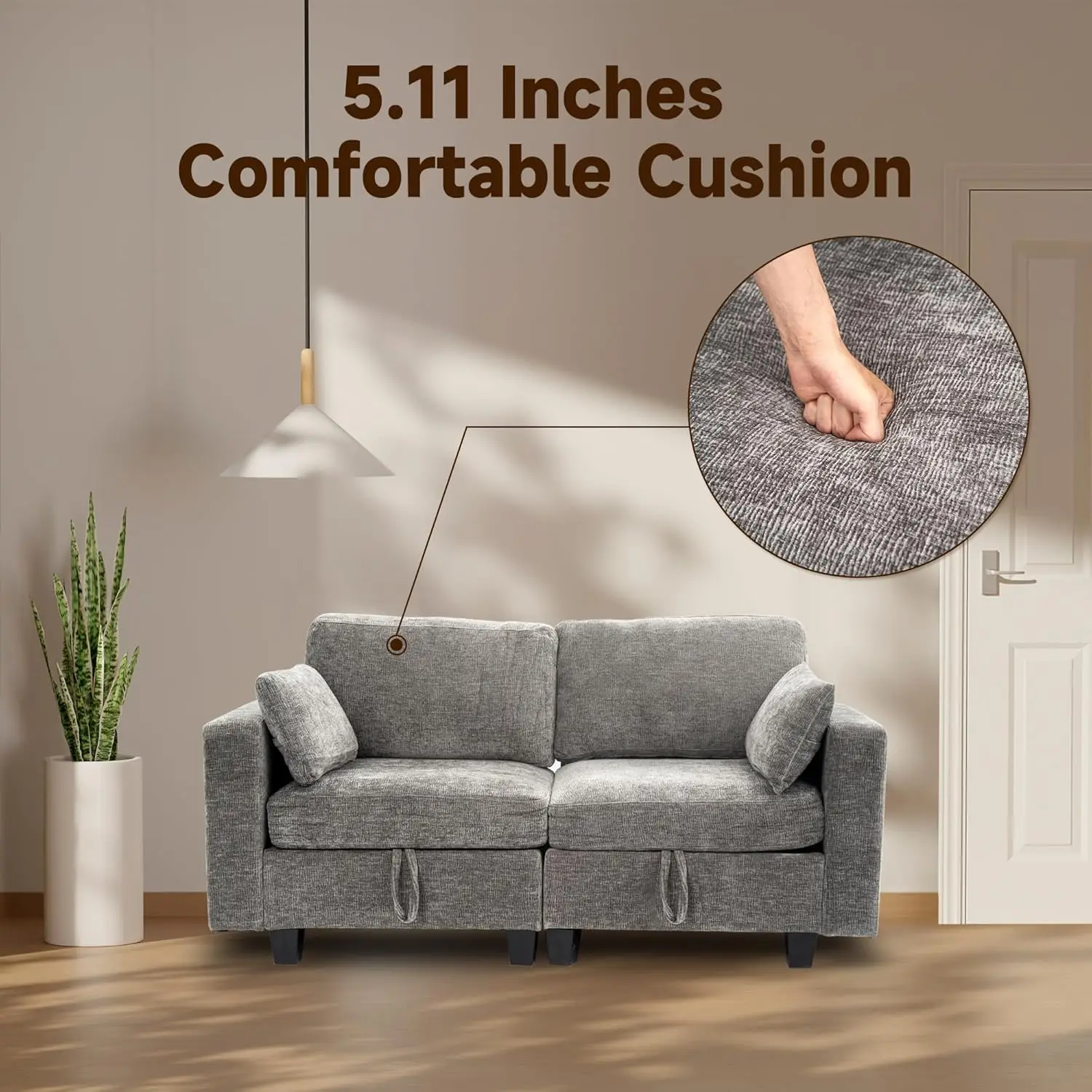 Sofa bagian-bagian konvertibel Real Relax, 2 kursi Sofa Modular kain Chenille dengan bantal yang bisa dilepas, abu-abu tua