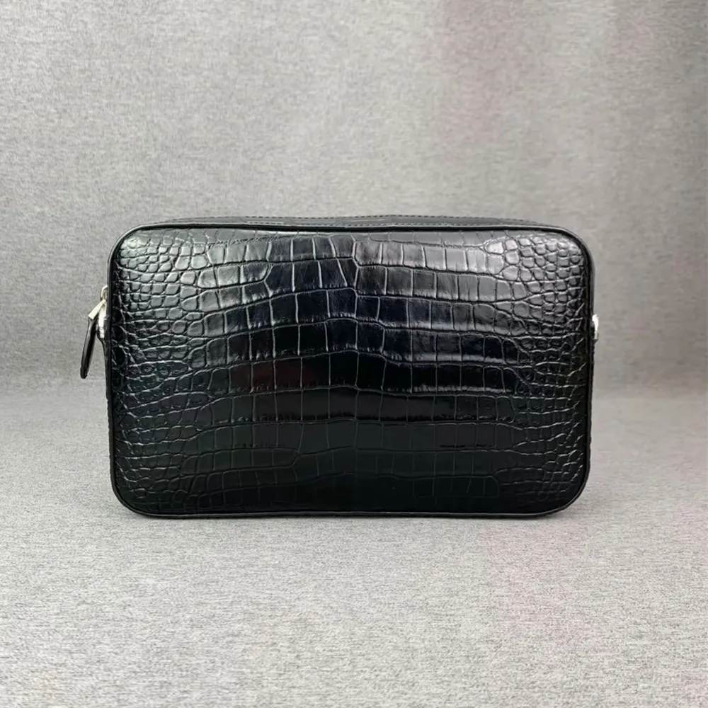 Authentic crocodile leather men's handbag real crocodile leather men's one-shoulder cross-body bag fashionable black postman bag