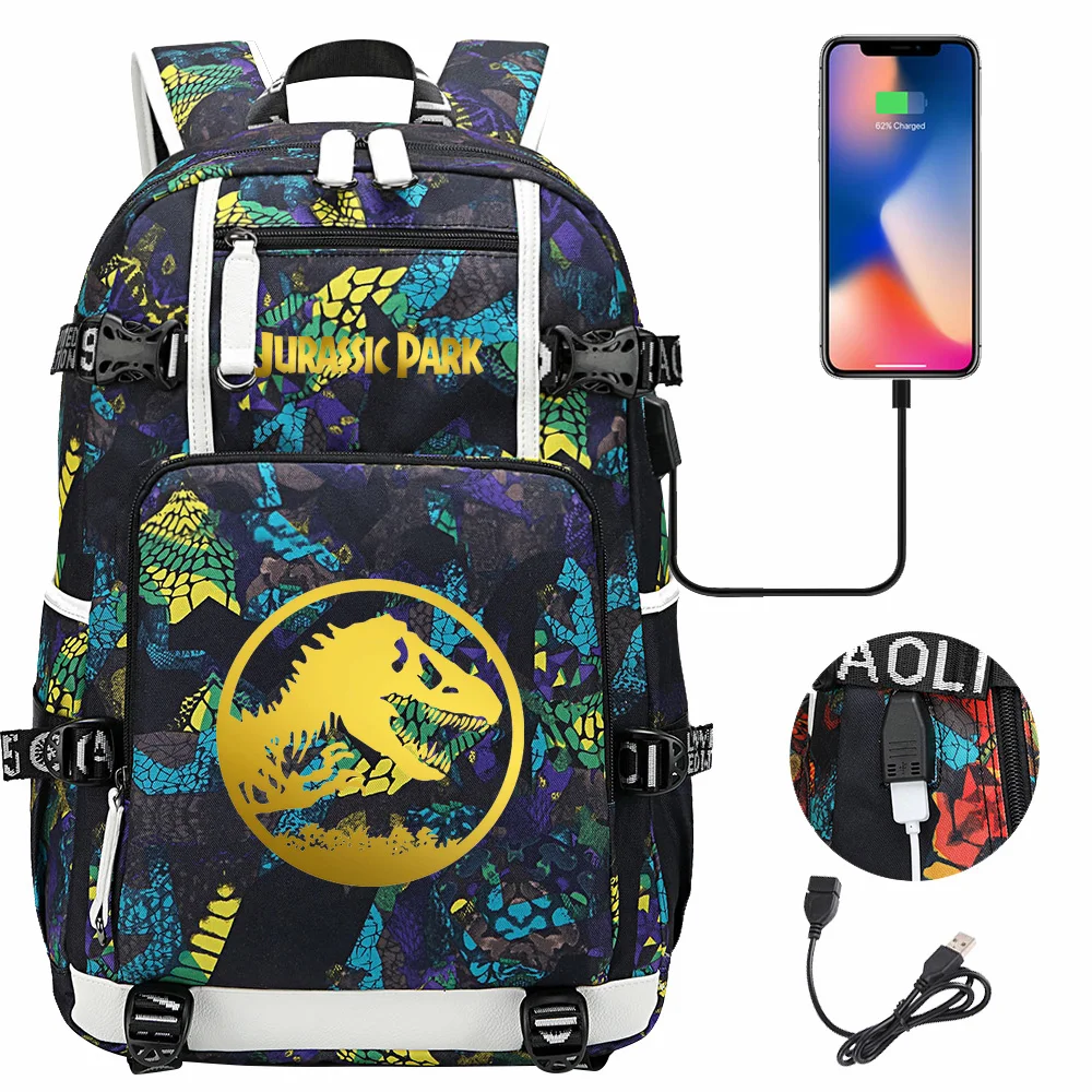 New Gold Jurassic Park Dinosaur USB Boy Girl Kids Book Bags Large Capacity Teenagers Schoolbags Women Men Laptop Travel Backpack