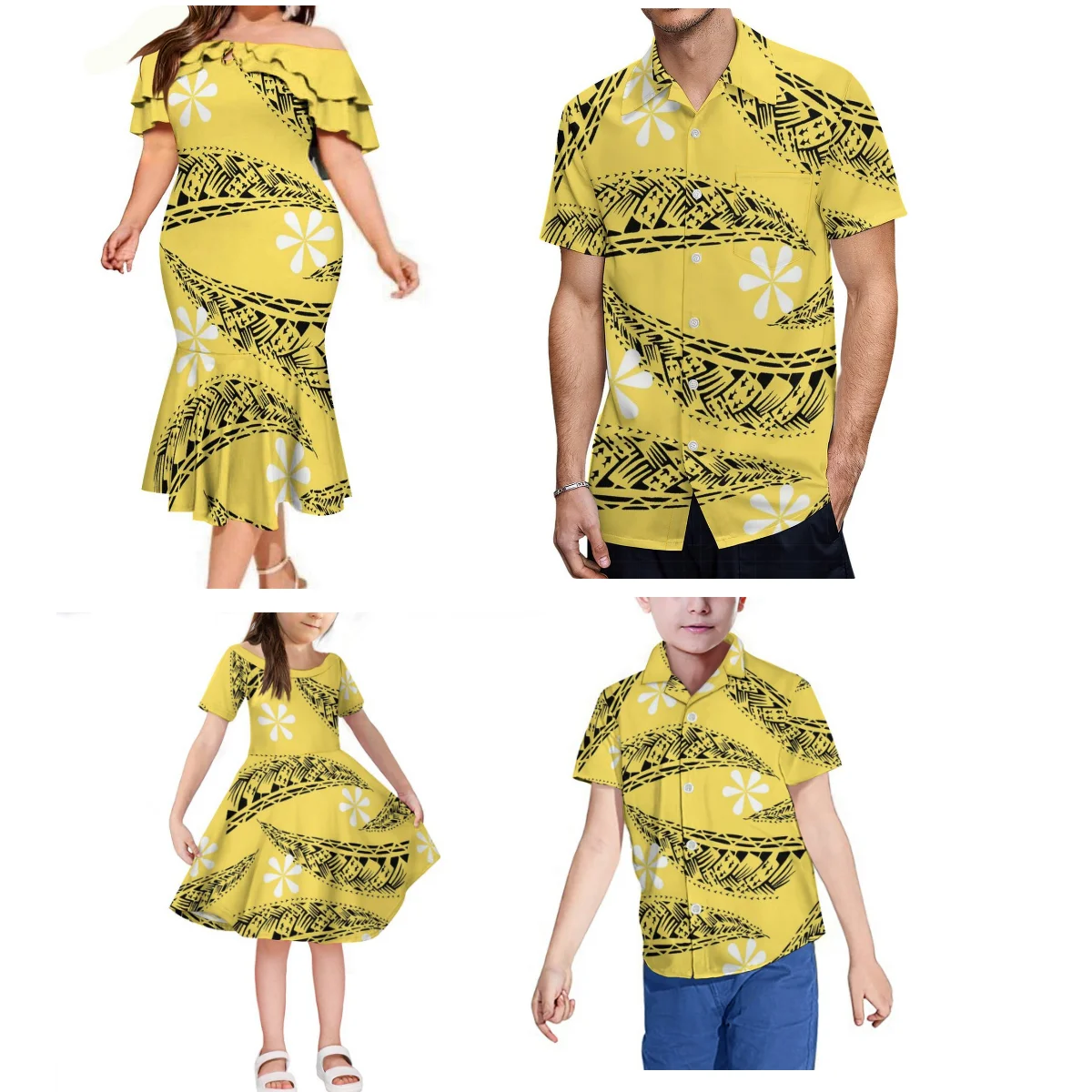 Traditional Ethnic Costume Polynesian Women'S Fishtail Dress Fiji Tribal Mother And Daughter Dress With Men'S Shirt