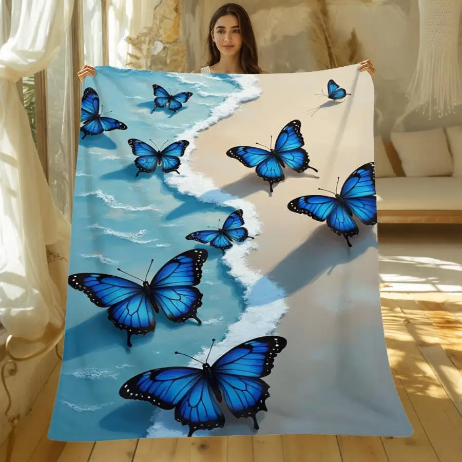 1pc Warm Premium Flannel Blanket with Serene Coastal Butterfly Print, Soft Pastel Art Design for All Seasons Perfect as Home Decoration & Holiday Gift Choice.
