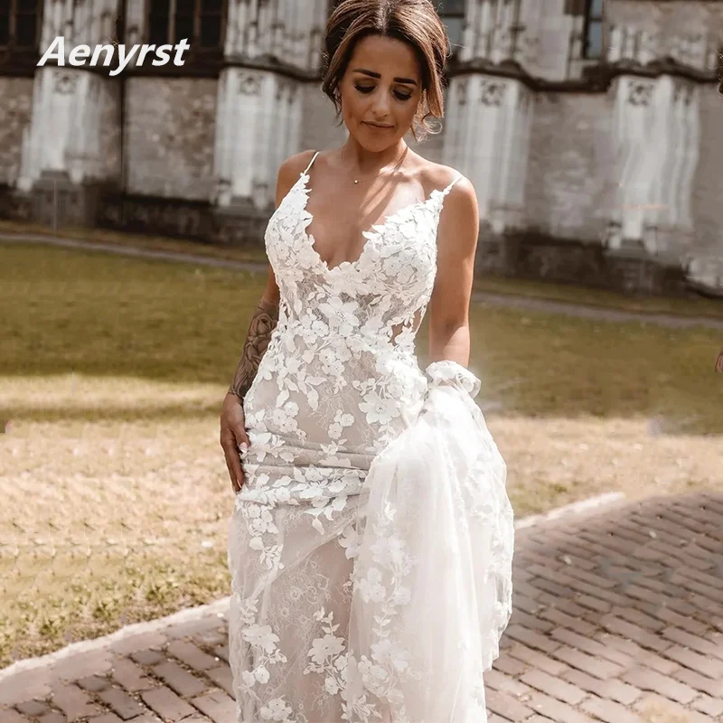 2024 Lace Wedding Dresses BOHOV Collar Bridal Wear Mermaid Sexy Backless Wedding Dress Floor-Length Brush TrainAenyrst