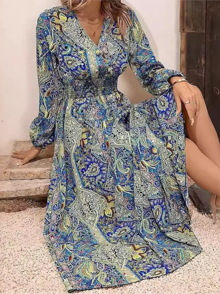 

Fashion Floral Print Dress For Women Casual V Neck Long Sleeve High Waist Loose Dresses Robe Femme Boho Holiday Womens Clothing