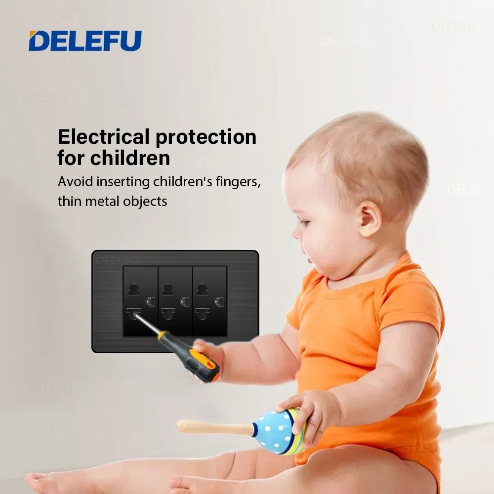 DELEFU Stainless Steel Black Panel Thai Switch Socket Computer USB Type C Wall Power Socket