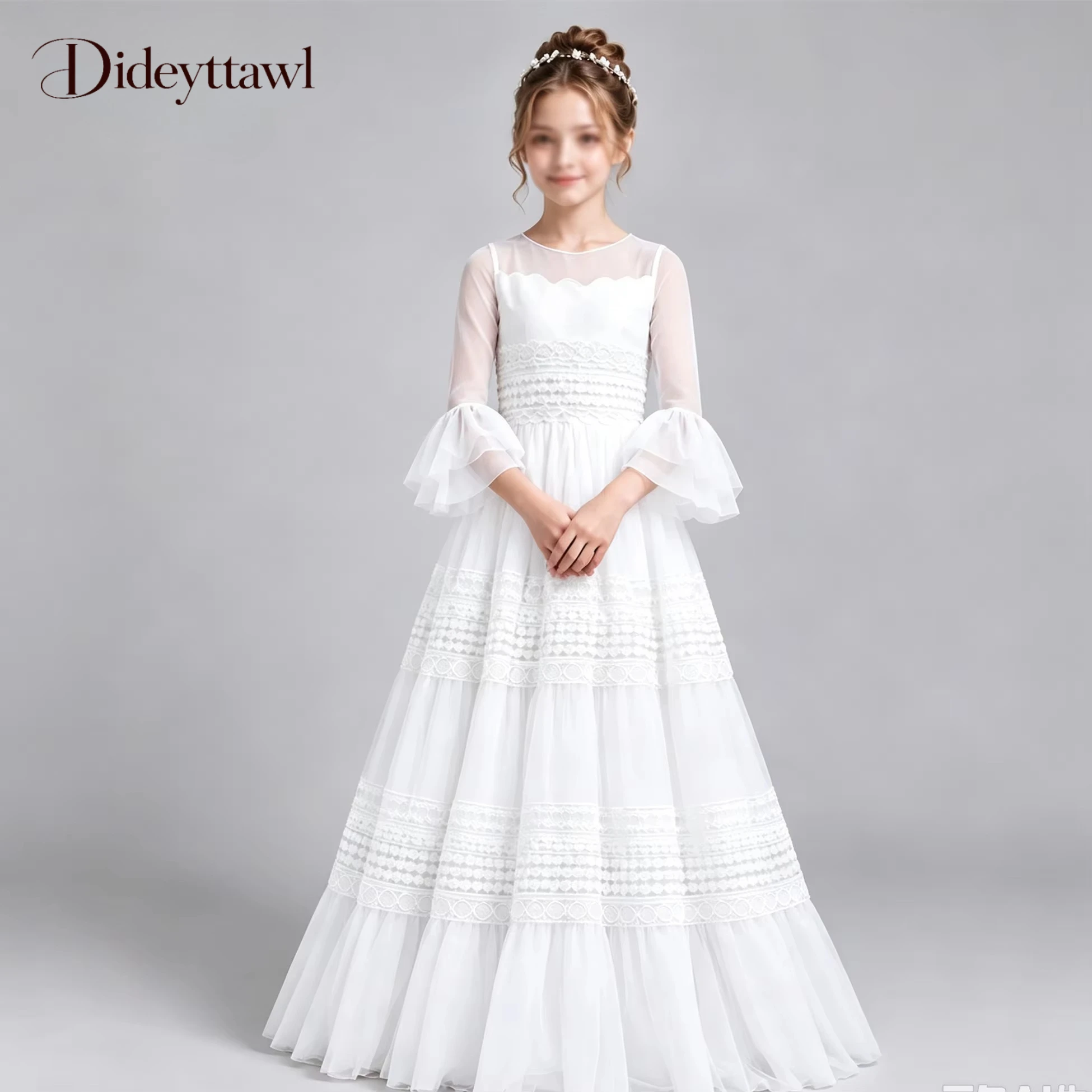 Dideyttawl Flower Girl Dress Bell Sleeve Lace Tiered Tulle Long Gown Sheer Neck Back Button Princess Pageant Dress For Birthday