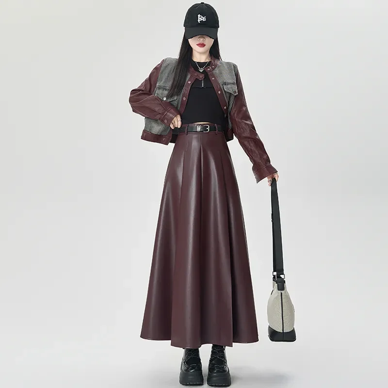 

Ankela Red Skin Skirt Half Body Skirt Autumn/Winter New High Waist A-line Skirt Bag Hip Skirt Medium Long Umbrella Skirt