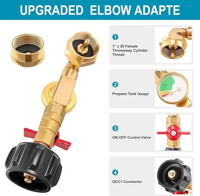 Propane Refill Adapter with Gauge 90 Degrees Refill Pressure Adapter Solid Brass Propane Tank Adapter Reusable Propane Refill