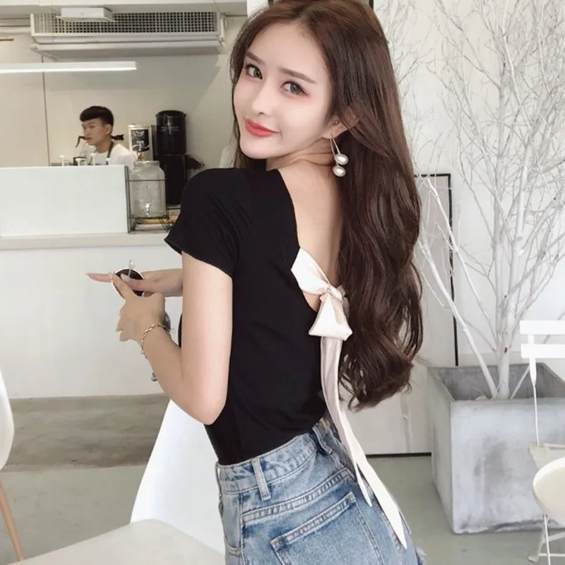 Women Short Sleeve O-Neck Back Bow Solid T-Shirt Slim Summer Low Back Tee Short sleeve T-shirt Woman clothing White top women