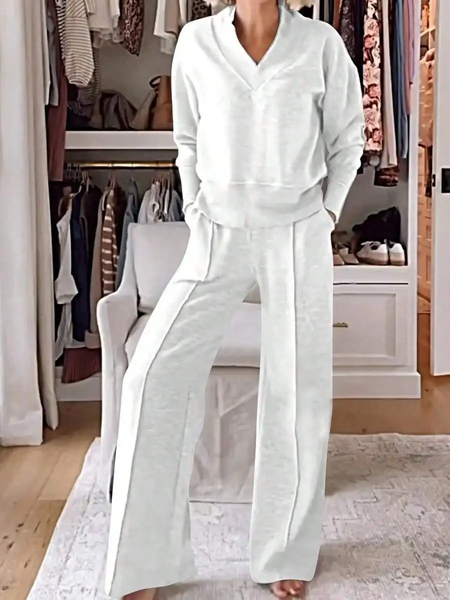 

2-Piece Wide Leg Pants Set Loose Long Sleeve V-Neck Top Casual Office Wear