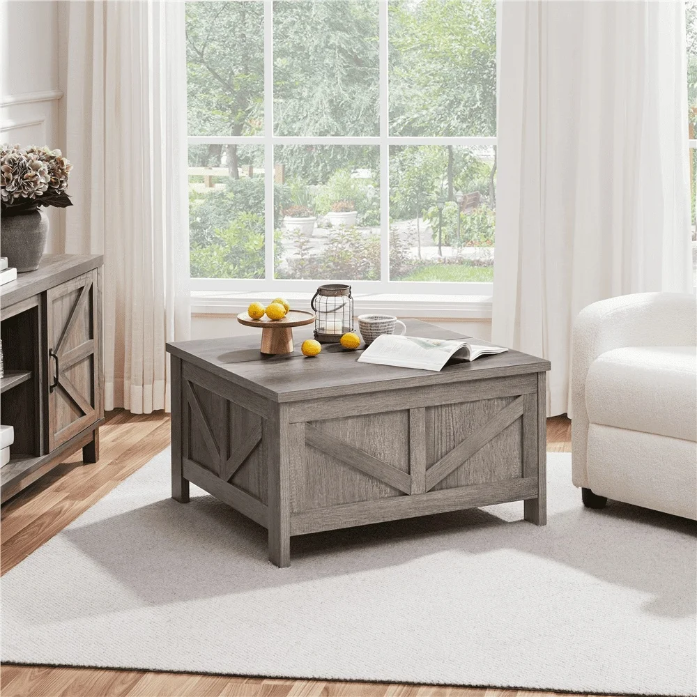Rustic Lift-Top Coffee Table with Hidden Storage Gray MDF Compact Multifunctional Living Room Furniture Small Spaces