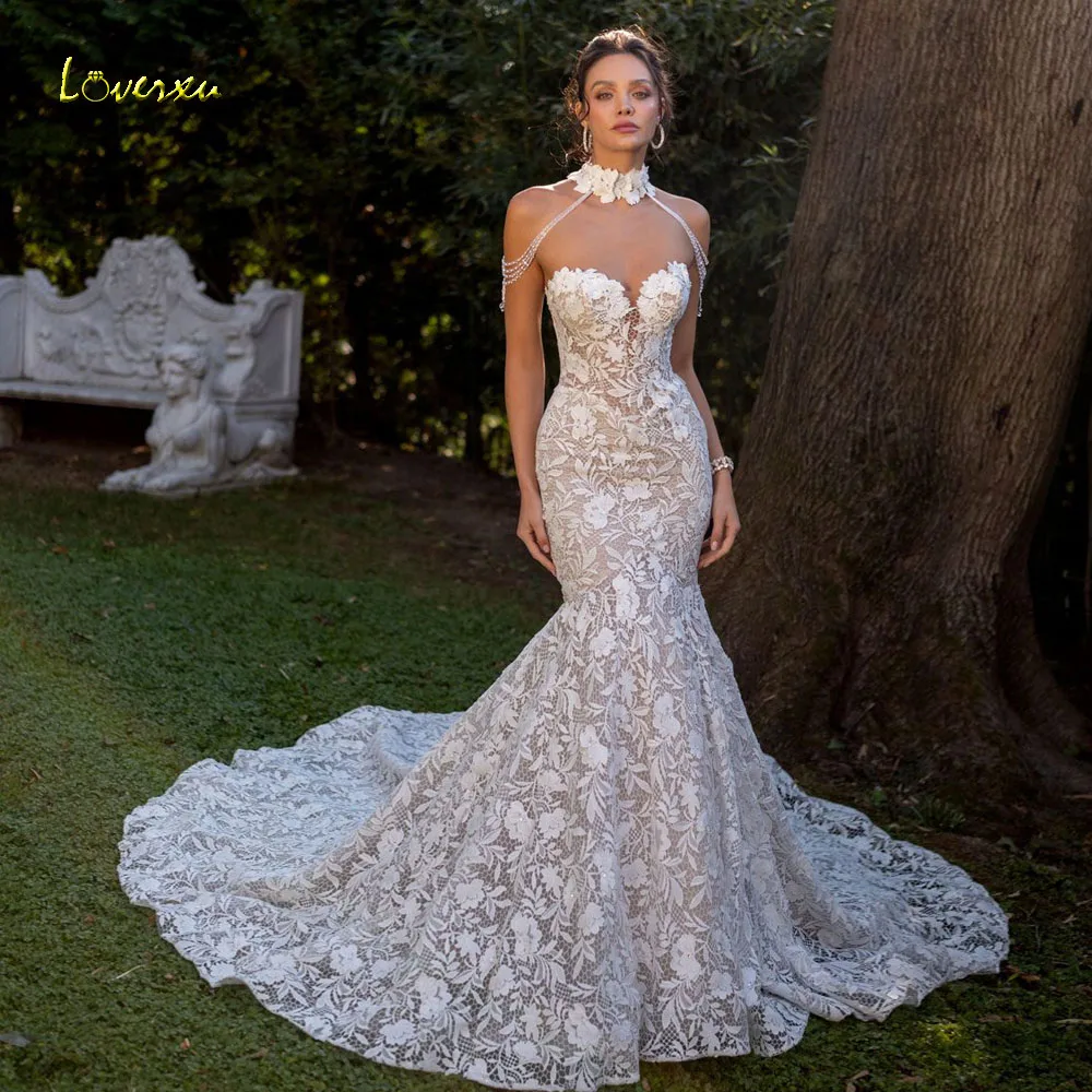 

Loverxu сексуальные свадебные платья русалки без бретелек Vestido De Novia с кружевной вышивкой и курткой, нежные свадебные платья на заказ