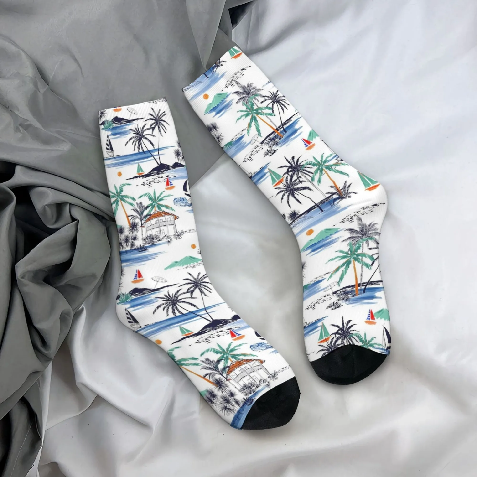 Tropical Island Cartoon Print Socks Harajuku Style Casual Fashion Men's Socks Breathable Anti-Slip Outdoor Travel Sports Socks