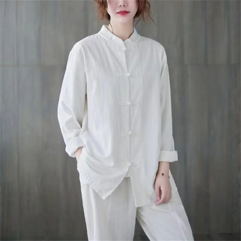 Women Vintage Cotton Linen Casual Shirts Chinese Style Vintage Solid Color Loose Female Long Sleeve Tops WY1013